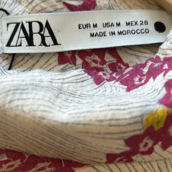 Zara Floral Tie Front Mock Neck Blouse Size M Ecru/Pink Long Sleeve Casual - Picture 5 of 13